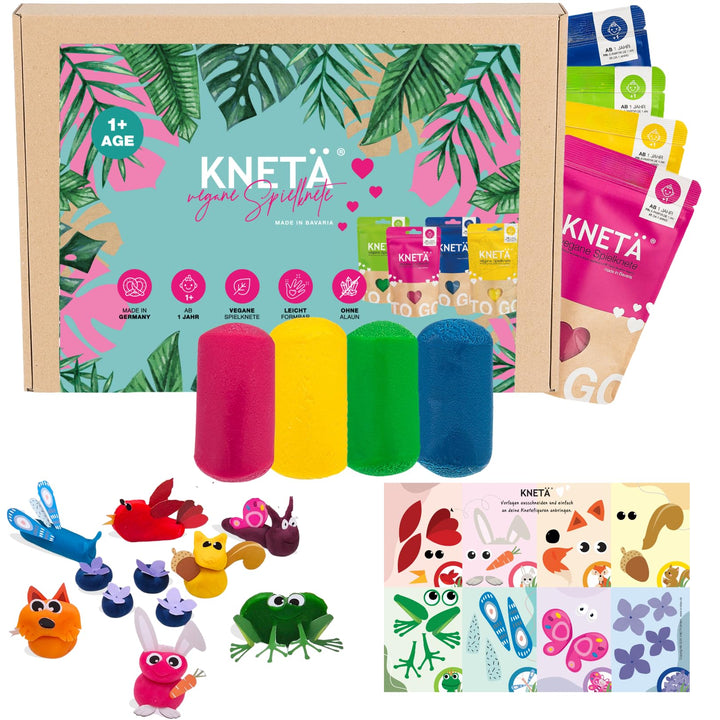 Knete Set (4x100g) inkl. 2X Bastelkarte I Vegane Spielknete ab 1 Jahr 4er XL mit Bastelkarten, 4er X
