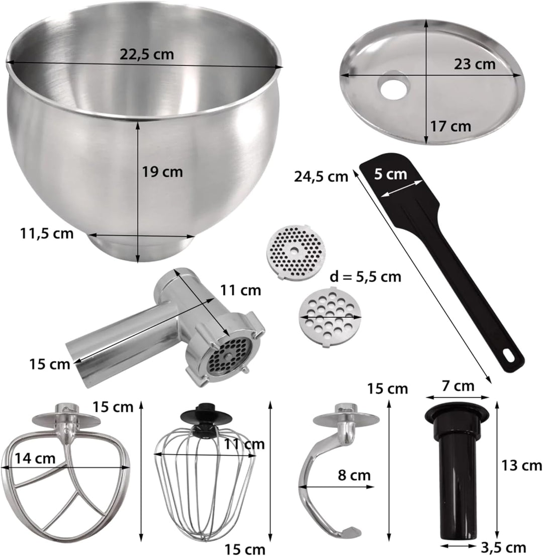 Syntrox Germany Küchengerät Kagus Edelstahl 6 Liter Küchenmaschine & Fleischwolf, Knethaken, Schneeb
