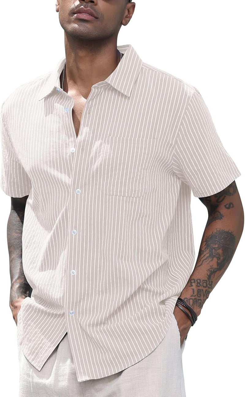 CTU Herren Leinenhemden Baumwollhemden mit kurzen Ärmeln Gestreiftes Button Down Hemd Freizeithemd S