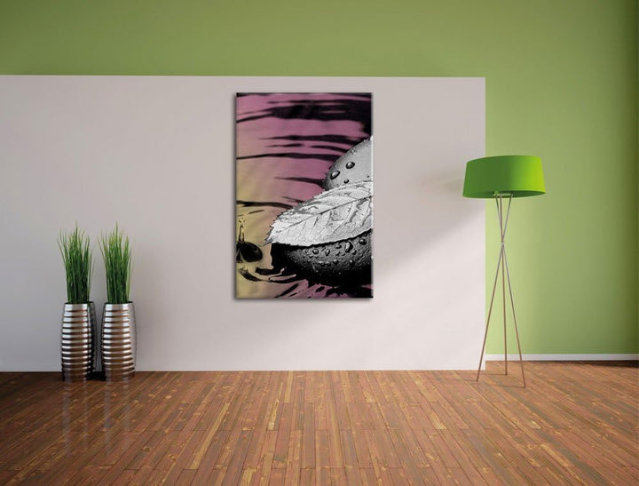 Pixxprint Blatt auf Zen Steinen im Wasser als Leinwandbild/Grösse: 100x70 cm/Wandbild/Kunstdruck/fer