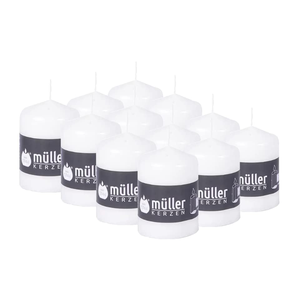 Müller Stumpenkerzen - Set mit 12 Säulenkerzen - Weiss - 57 x 81 mm - Brenndauer: 15 Stunden - Tropf