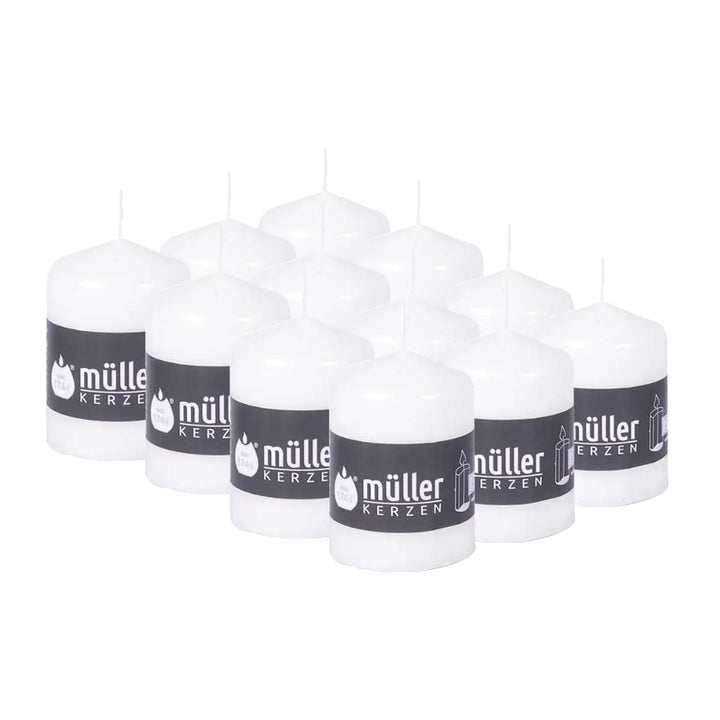 Müller Stumpenkerzen - Set mit 12 Säulenkerzen - Weiss - 57 x 81 mm - Brenndauer: 15 Stunden - Tropf