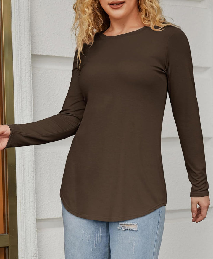 Beluring T-Shirt Damen Lässig Kurzarm/Langarm Oberteile Rundhals Longshirt, A Braun