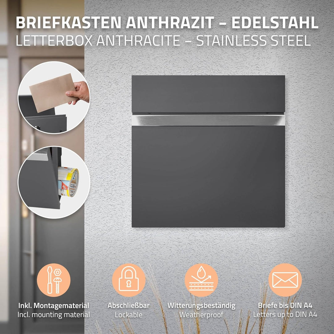 ECD Germany Briefkasten mit Zeitungsfach 37x11x36,5 cm aus Stahl pulverbeschichtet Anthrazit-Grau in