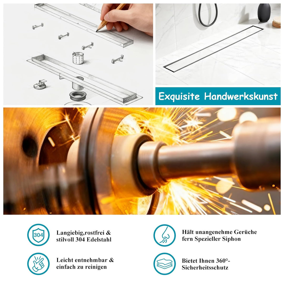 Duschrinne 80cm 304 Edelstahl Bodenablauf - 360° Siphon Befliesbar Duschablauf Extra Flach mit Geruc