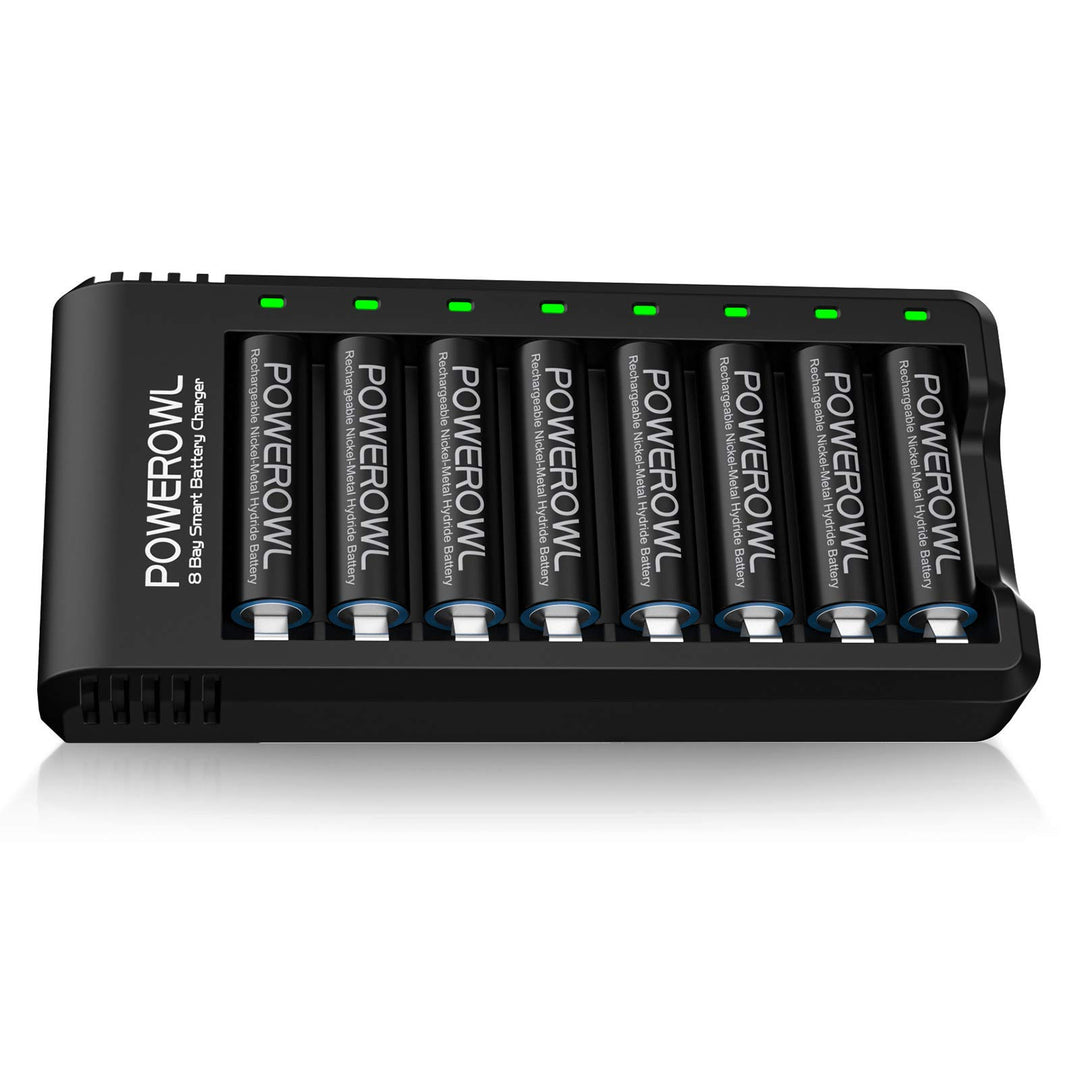 Powerowl Akku Ladegerät mit AA Akku 2800mah 8 Stück, AA Akkuladegerät Micro-USB Anschluss 8 Steckpla