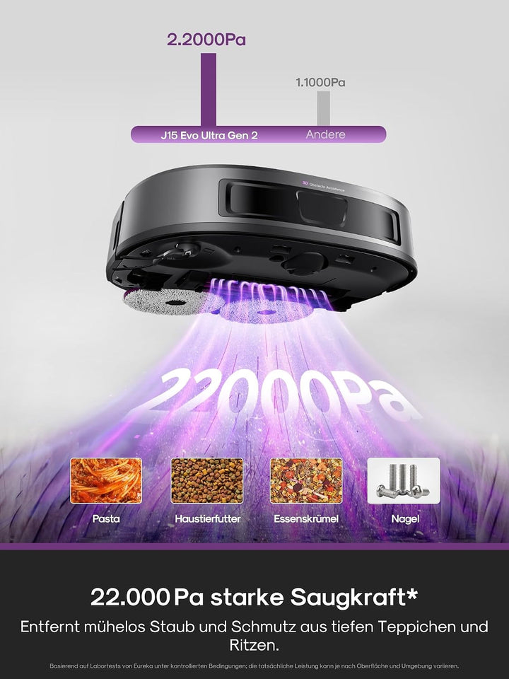 EUREKA Saugroboter mit Wischfunktion, 22.000 Pa Saugkraft, All-in-One Station mit 55°C Heissluft-Tro
