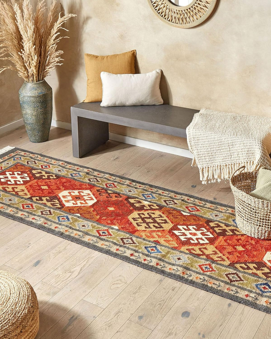 Kelim-Teppich Wolle bunt 80 x 300 cm handgewebt orientalisches Muster Urtsadzor