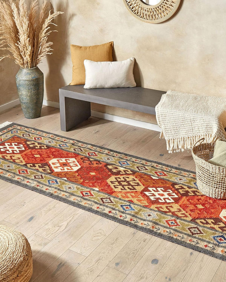 Kelim-Teppich Wolle bunt 80 x 300 cm handgewebt orientalisches Muster Urtsadzor
