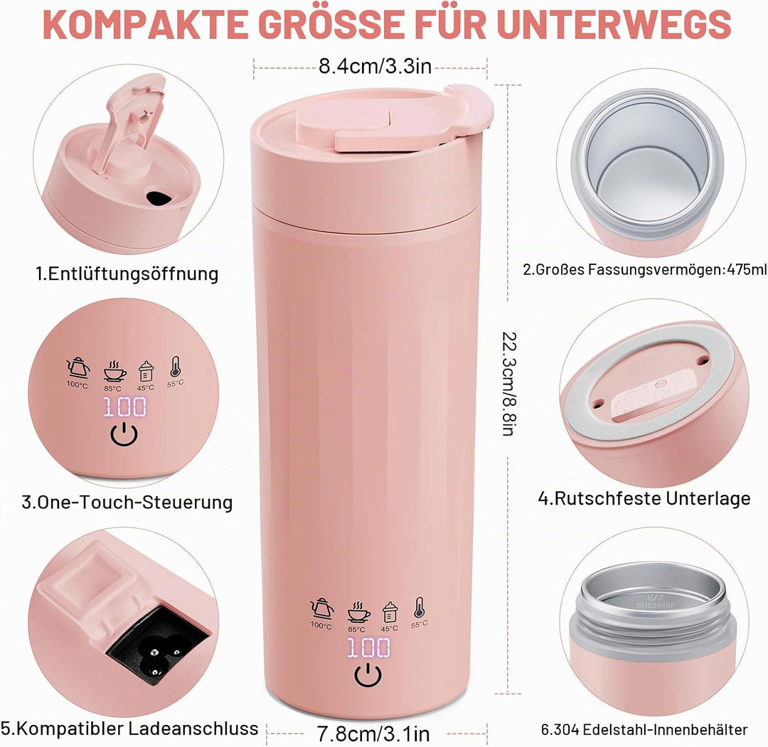 Flintronic Reise Elektrisch Wasserkocher, 475ML Electric Kettle, 220 V/ 300W Thermoskanne, 304 Stain