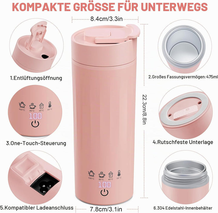 Flintronic Reise Elektrisch Wasserkocher, 475ML Electric Kettle, 220 V/ 300W Thermoskanne, 304 Stain