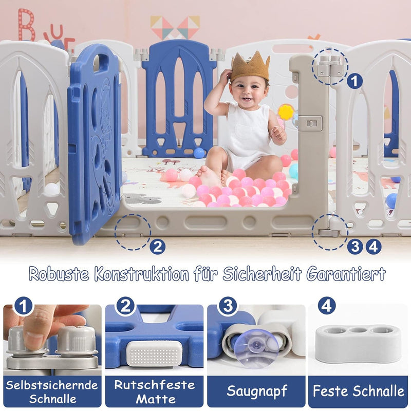 NAIZY Laufstall Baby 12+2 faltbar Laufgitter mit Spielzeugtafel & Türtafel Krabbelgitter Rutschfeste