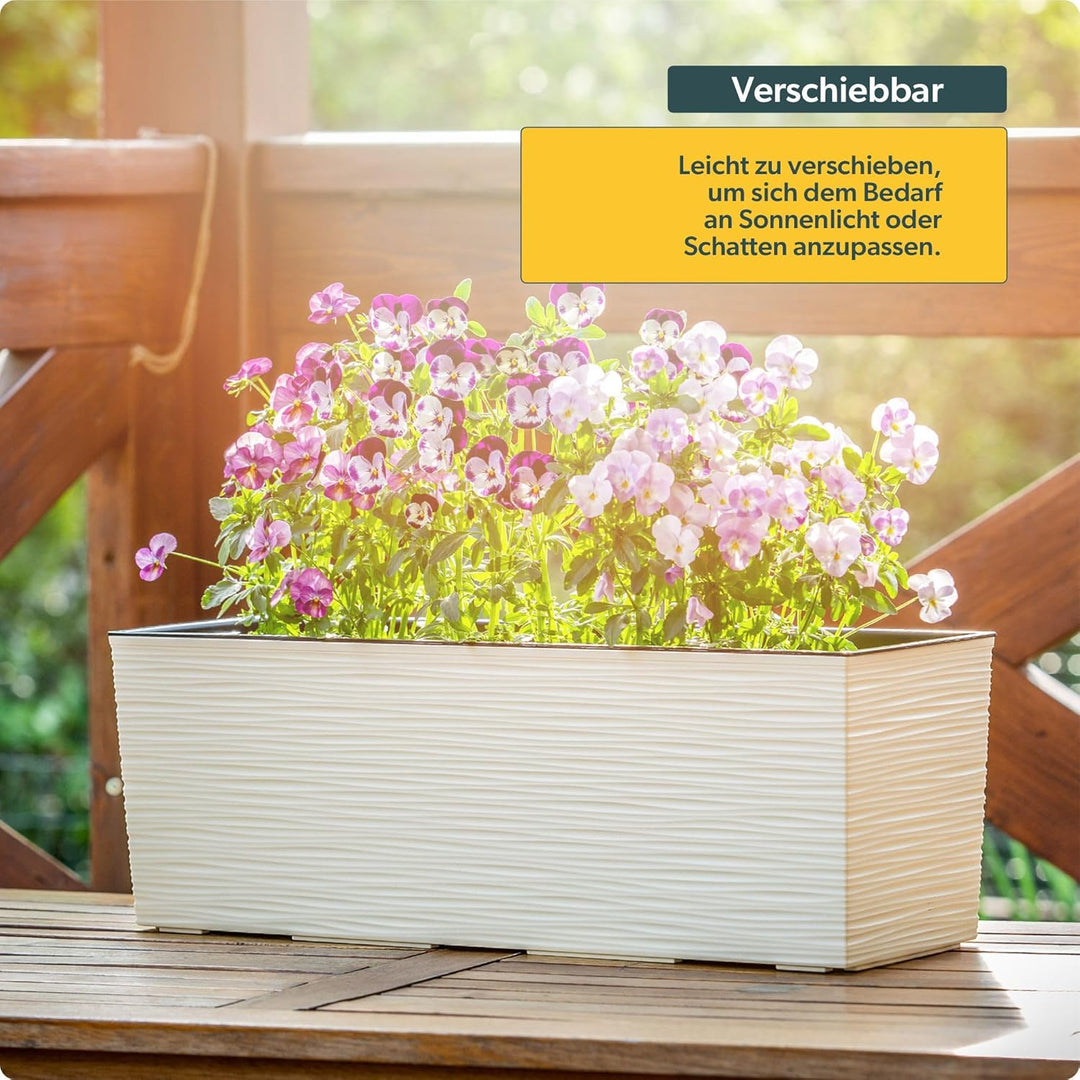 KADAX Blumenkasten 18,5x56 cm, Ritzmuster, Creme, mit Einsatz – wetterfester rechteckiger Pflanzkast