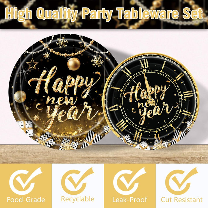 Antsparty 2025 Neujahr Partygeschirr für 24 Gäste, 98 Stück Silvester Partygeschirr mit Happy New Ye