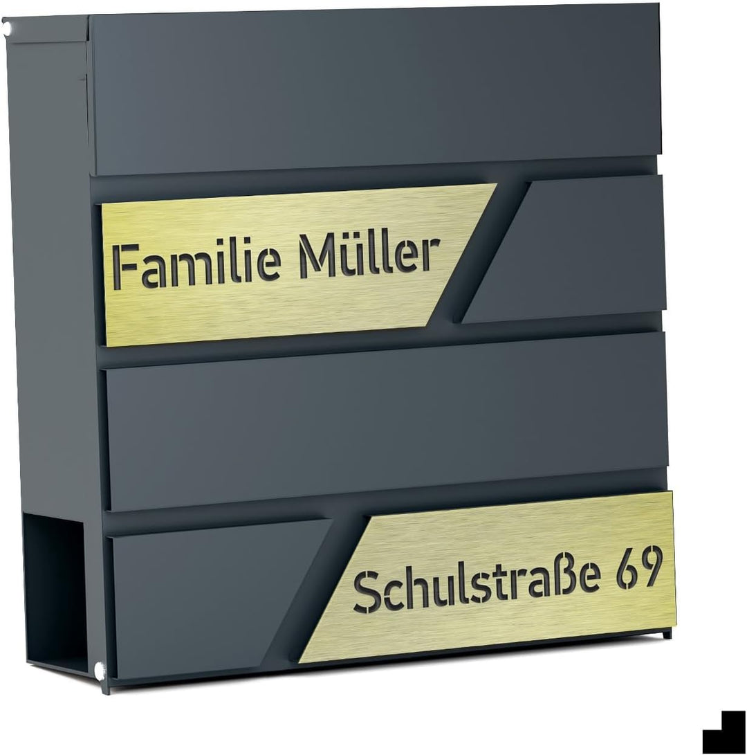 Design Anthrazit Briefkasten mit Hausnummer & Ihre Namen Gravur Personalisiert, Wandbriefkasten mit