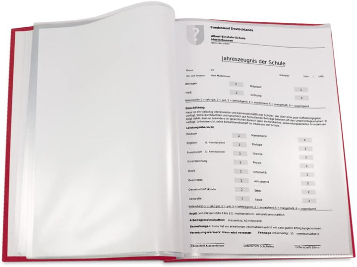 Zeugnismappe im roten Einband in Lederoptik mit hochwertigem Prägedruck in verschiedenen Farben – ha