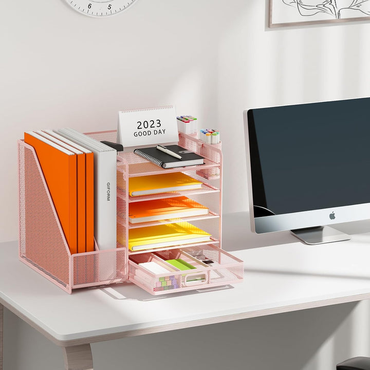 Schreibtisch Organizer mit Aktenhalter, 5-stufiger Papier Organizer mit Schublade und 2 Stifthaltern