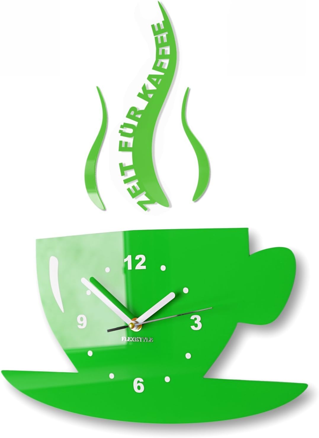 FLEXISTYLE Tasse Zeit für Kaffee Moderne Küche Wanduhr, 3D römisch, wanduhr deko (Grün), Grün