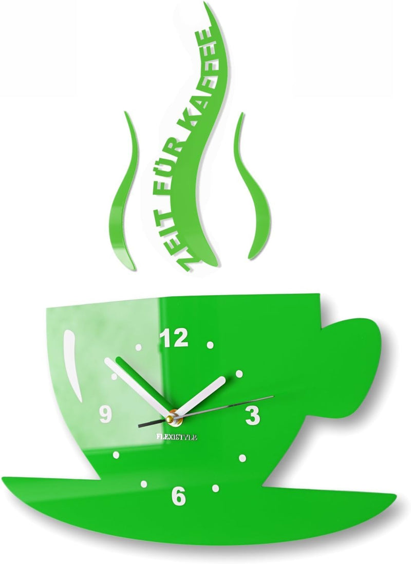 FLEXISTYLE Tasse Zeit für Kaffee Moderne Küche Wanduhr, 3D römisch, wanduhr deko (Grün), Grün
