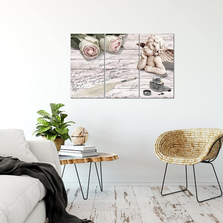 Runa Art Wandbilder Engel Blumen Bild XXL Wohnzimmer Schlafzimmer Rosa Grau Holz 120 x 80 cm 3 Teili