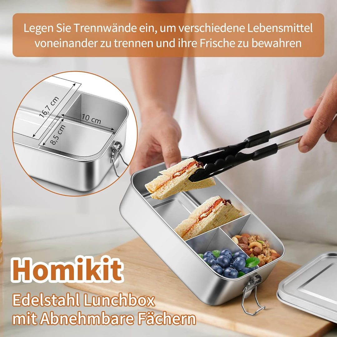 Homikit Brotdose mit Fächern, Edelstahl Bento Box Lunchbox mit Tasche, 2400ml Lunch Box für Kinder &