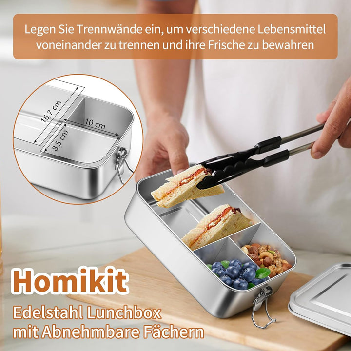 Homikit Brotdose mit Fächern, Edelstahl Bento Box Lunchbox mit Tasche, 2400ml Lunch Box für Kinder &