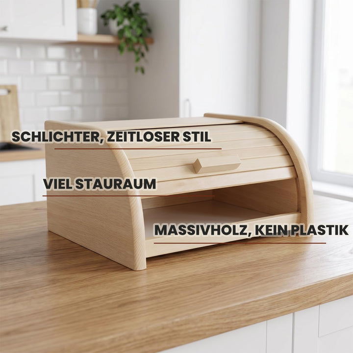 Brotkasten Holz 30,5 x 26 x 15,5 cm - Brotbox aus Buchenholz mit grosser Öffnung und Rolltop, die di
