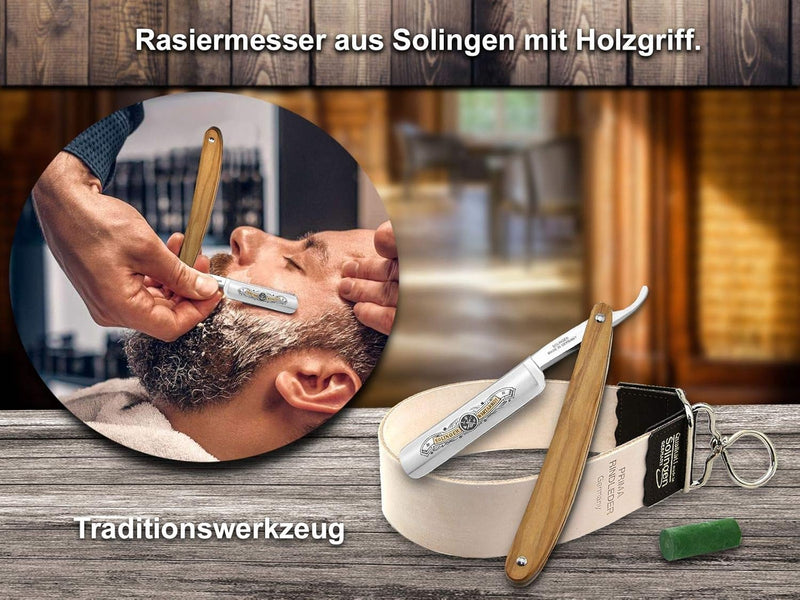 Profi Rasiermesser-Set Made in Germany Streichriemen Schärf Paste und Olivenholz Bartmesser aus Soli