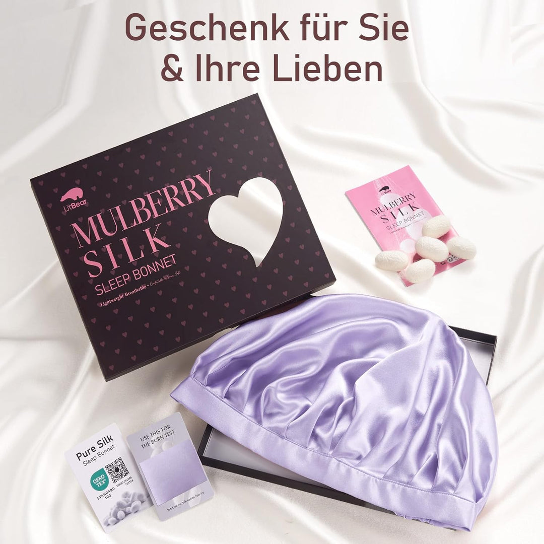 LitBear 22 Momme Seidenhaube zum Schlafen - Schlafmütze aus 100% Maulbeerseide, 100% Silk Bonnet mit