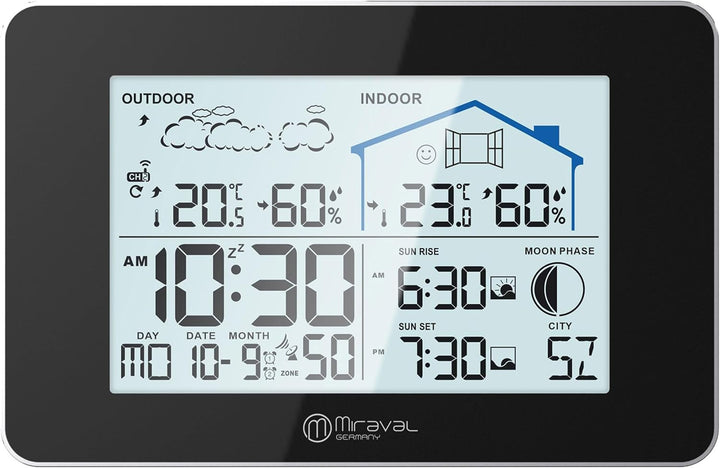 Miraval Funkwetterstation mit Aussensensor Datumsanzeige Mondphase Sonnenaufgang Indoor & Outdoor Lu