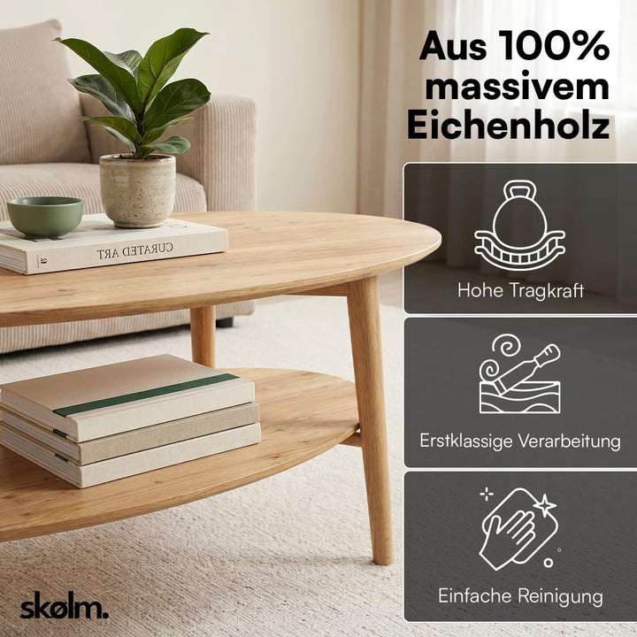 skølm Mjölnir Couchtisch oval – Wohnzimmertisch aus Eiche Massivholz – Sofatisch mit 2 Ablagen – kle
