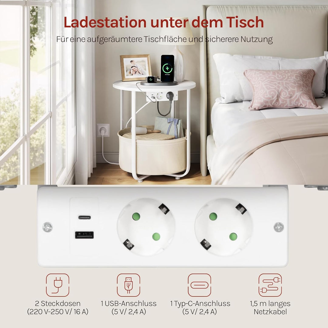 WOLTU Couchtisch rund, Kleiner Beistelltisch mit Steckdose, Abnehmbarer Korb aus Stoff, Metallrahmen