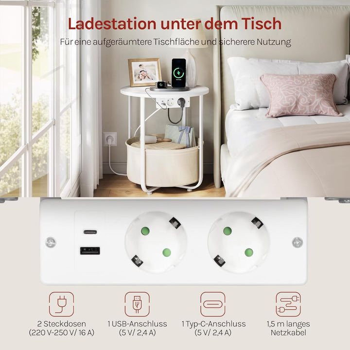 WOLTU Couchtisch rund, Kleiner Beistelltisch mit Steckdose, Abnehmbarer Korb aus Stoff, Metallrahmen
