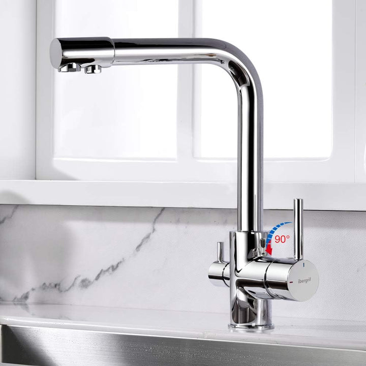 Ibergrif Küchenarmatur 3 Wege Wasserhahn mit Filter-Mischbatterie Küche 360° Drehbar, mit 3 Schlauch