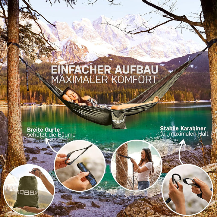ROBBX® Hängematte Outdoor mit Moskitonetz für 2 Personen | 300kg Traglast | Doppelhängematte mit Bef