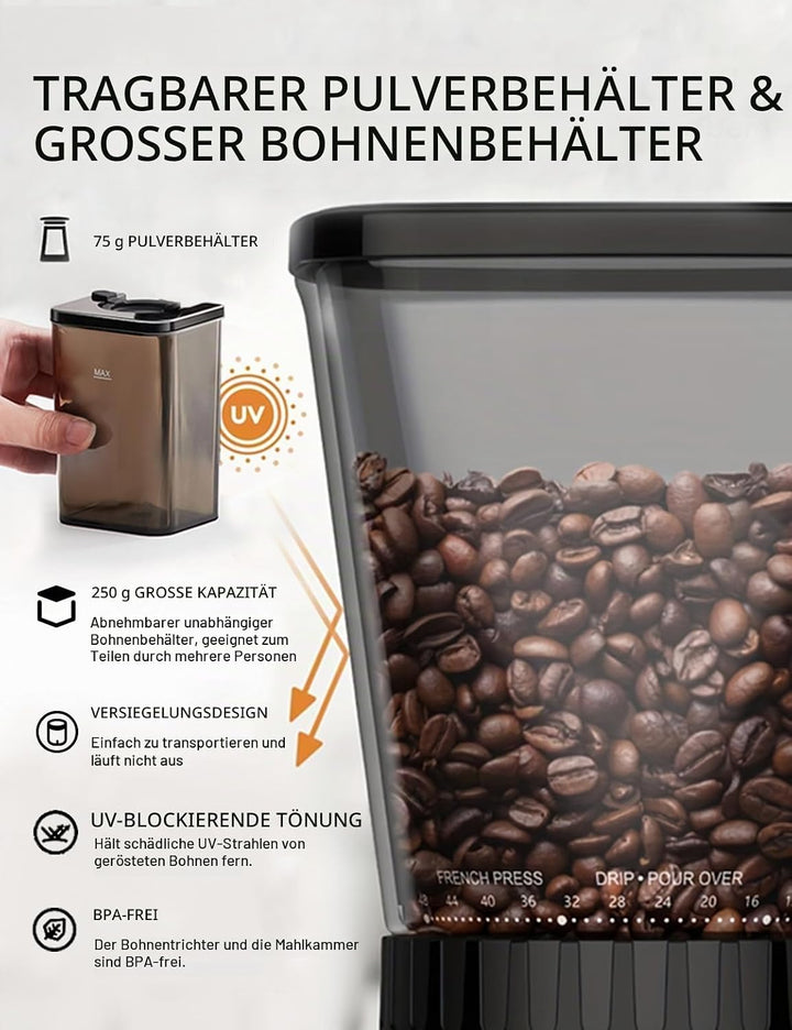 CAFELFFE Elektrische Kaffeemühle für Siebträger und Behälter, 48 einstellbare Mahlstufen mit Antista
