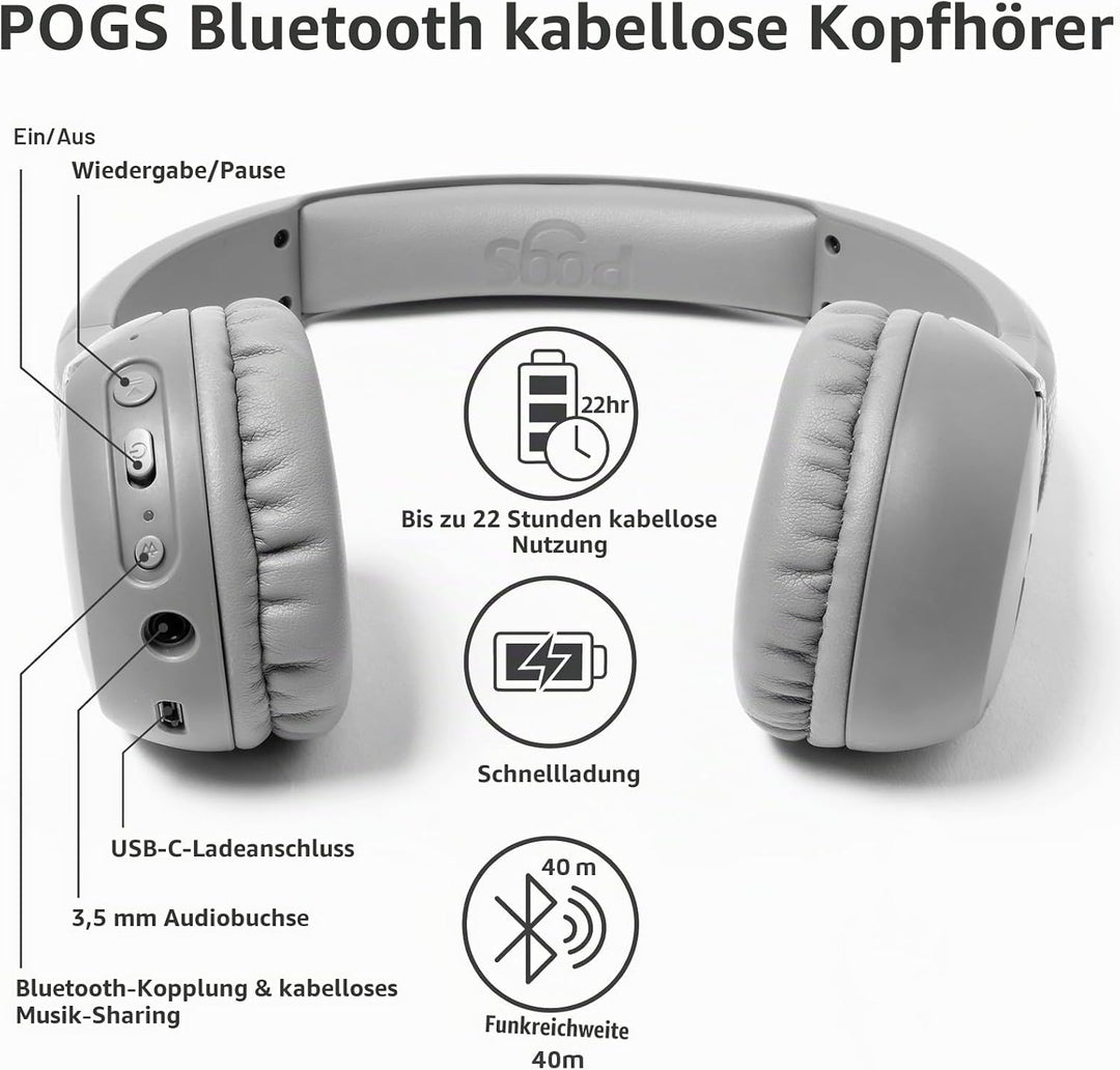 POGS Drahtloser Bluetooth Kinderkopfhörer | The Gecko 2 | Faltbarer robuster Kinderkopfhörer ab 3 Ja