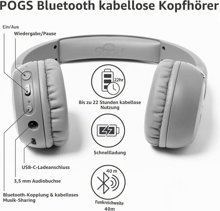 POGS Drahtloser Bluetooth Kinderkopfhörer | The Gecko 2 | Faltbarer robuster Kinderkopfhörer ab 3 Ja