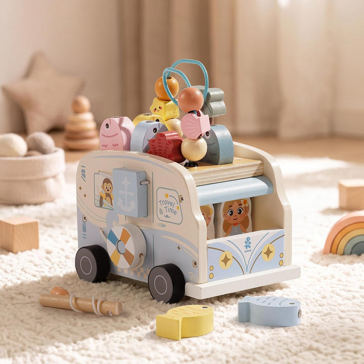 ROBUD Motorikwürfel Aktivitätsbus Holz, 8-in-1 Aktivitätswürfel Montessori-Spielzeug mit Perlenlabyr