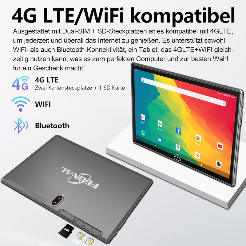 FEONAL Tablet 10 Zoll Android 11, 4G LTE Tablet PC Mit 2 SIM Slot 4GB RAM 64GB ROM 128GB TF Mit Tast