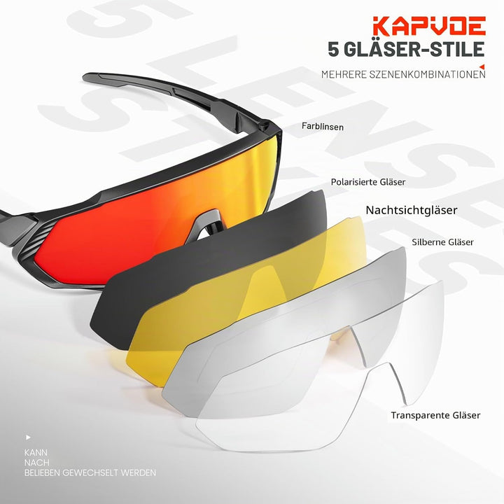 KAPVOE Polarisiert Fahrradbrille mit 1 Linse oder 5 austauschbare Linse TR90 Rahmen für Herren Damen