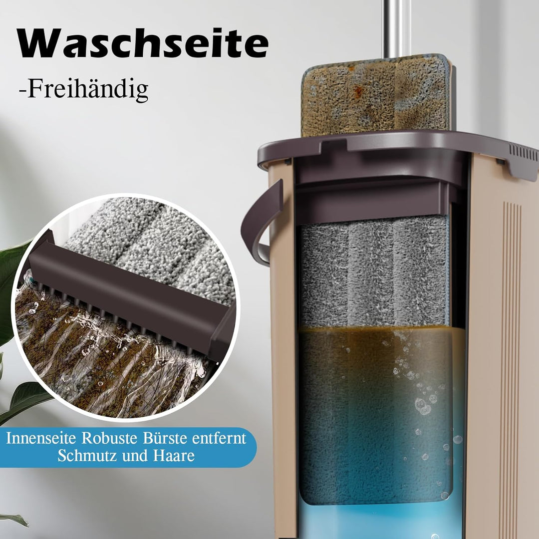 MASTERTOP Flach Mopp mit Eimer und 6 Mikrofaser Moppkopf, Hand-Frei Wischmop & Bodenwischer mit ausw