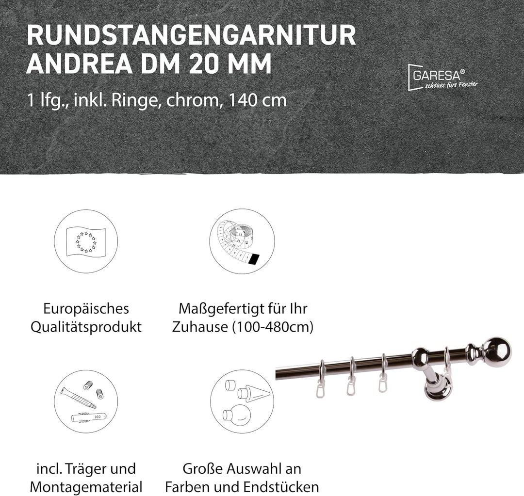 Garesa Gardinenstange Andrea Ø 20mm, 1-läufig, Chrom I Stabile Vorhangstange inkl. Ringe + Faltenleg