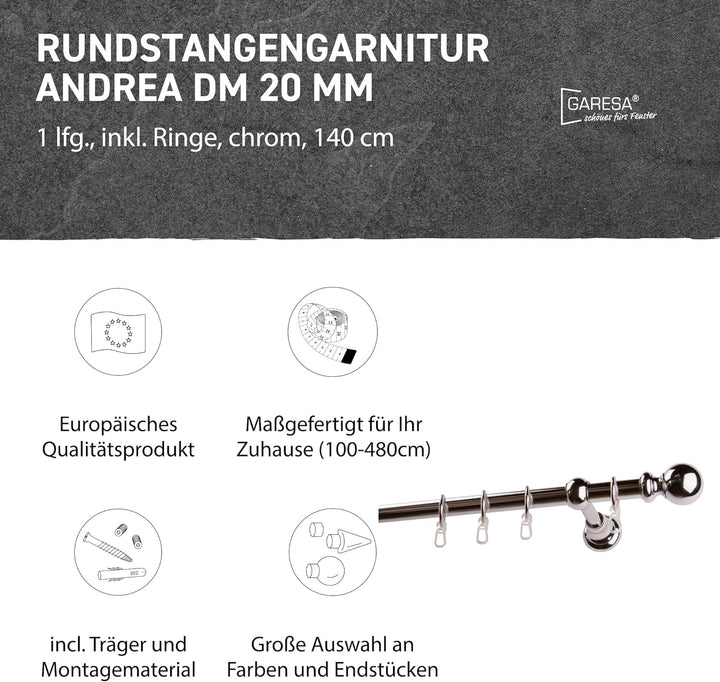 Garesa Gardinenstange Andrea Ø 20mm, 1-läufig, Chrom I Stabile Vorhangstange inkl. Ringe + Faltenleg