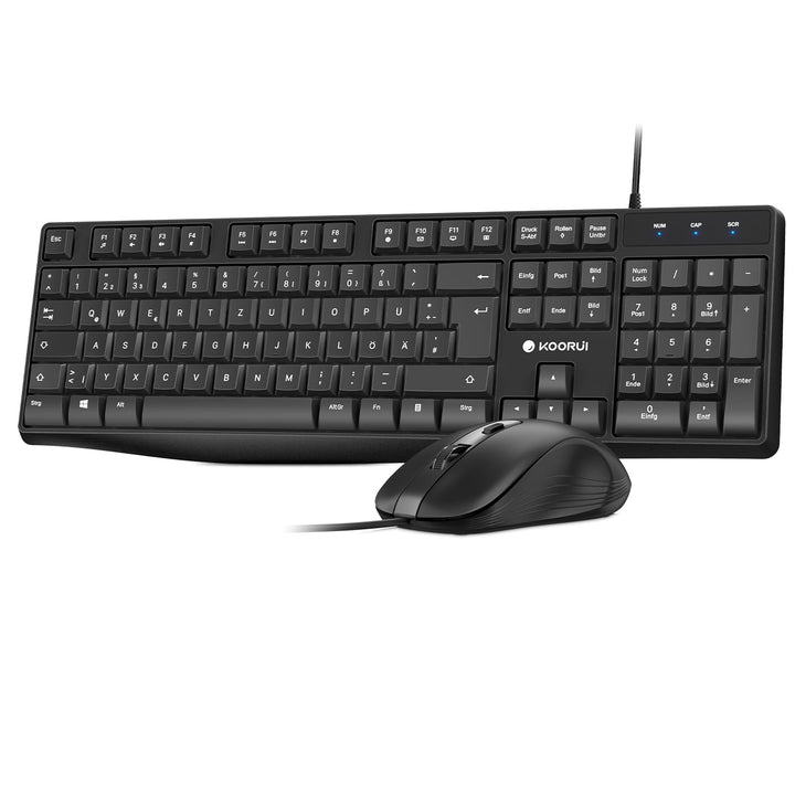 KOORUI Deutsches QWERTZ Tastatur-Maus-Set, 12 Funktionstasten, Schwarz Schwarz-Kabel Kabel, Schwarz-