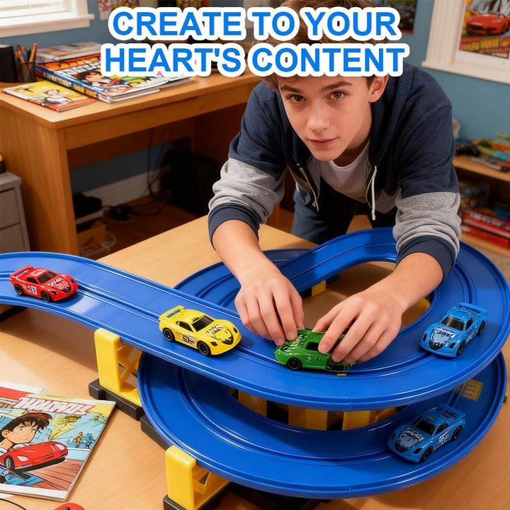 Autorennbahn Spielzeug Auto, 5m Flexible Autobahn Kinder Inklusive 4 Autos, Rennbahn Auto Kinder, Re