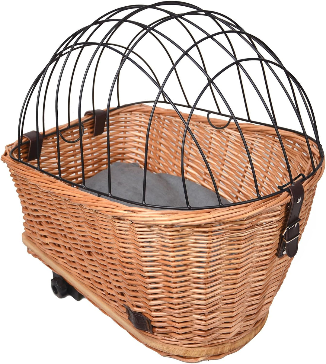 UNUS Hundefahrradkorb für Gepäckträger aus Weide Fahrradkorb mit Gitterabdeckung und Kissen 47x29x34