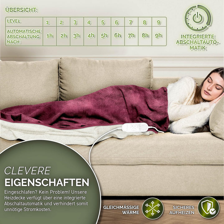 Heizdecke mit Abschaltautomatik 180 x 130 cm | Elektrische Wärmedecke mit 9 Temperaturstufen | Kusch