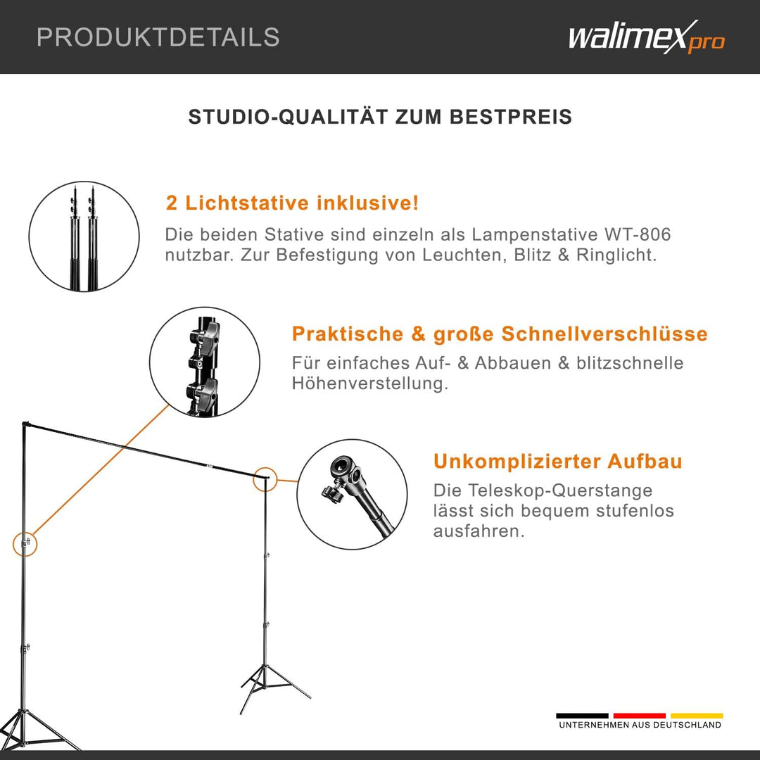 Walimex pro Teleskop Hintergrundsystem L 120-307 cm - stabiles Fotohintergrund System für Studio & M