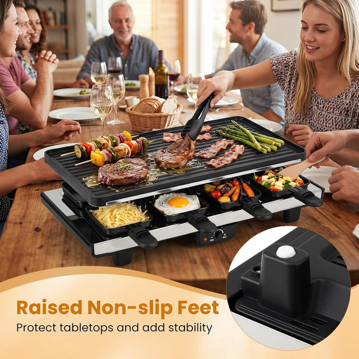 LIFEZEAL Raclette-Grill für 8 Personen, 1400W Elektrogrill mit wendbarer Antihaft-Grillplatte, 8 Pfä